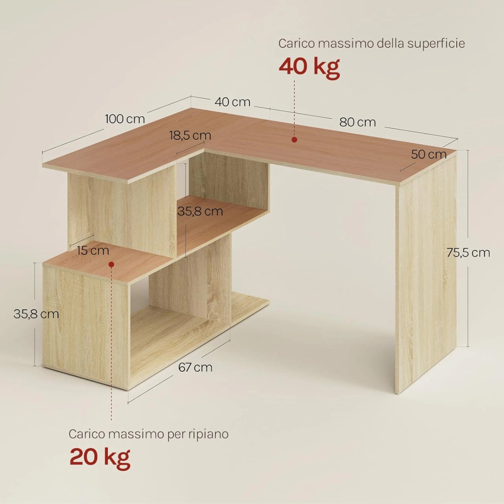 Scrivania Angolare a Forma di L con Libreria, 120x100x75 cm, Scrivania Ufficio per Computer, Tavolo da Lavoro, Studio and Soggiorno, Rovere Chiaro