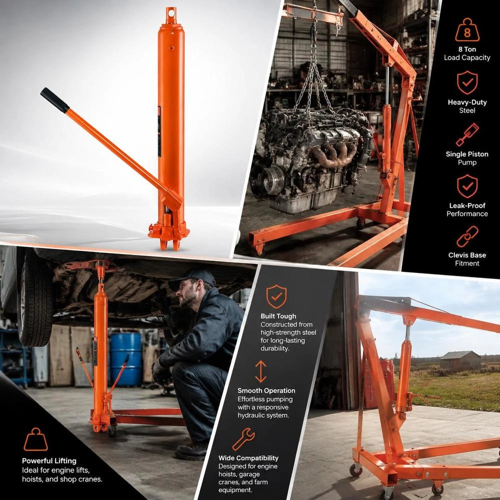 Hydraulic Long Ram Jack, 8 T Engine Lifting Cylinder With Single Piston Pump & Flat Base, Hydraulic Car Bottle Jack For Engine Lifts, Garage/shop Cranes, Farm Etc.