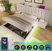 Letto imbottito contenitore 160x200 cm con LED; USB e Type-C; lino beige
