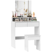 Tavolo da trucco con specchio, 3 ripiani, 2 cassetti e sgabello ¨C zephmum ¨C Legno, Bianco, 75x38x135 cm