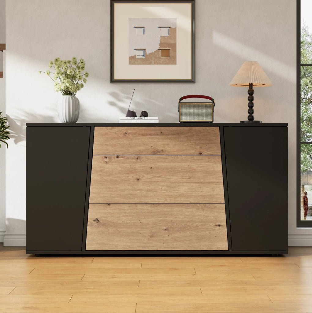 Sideboard 140×35×70 cm in MDF Nero e Legno con 3 Cassetti e 2 Ante Regolabili