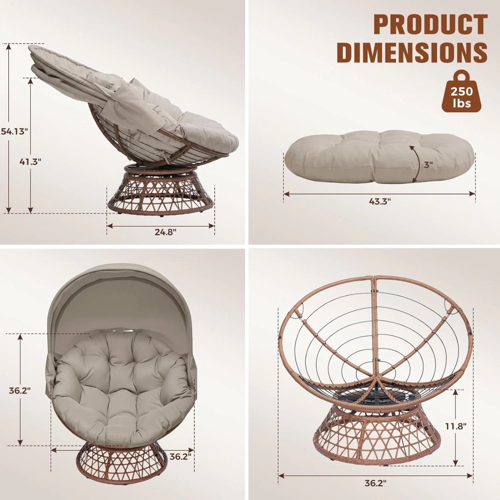 Poltrona da papasan, comoda poltrona girevole con cuscino rotondo, comoda poltrona in rattan, girevole, in vimini, per soggiorno, angolo lettura, lounge – marrone