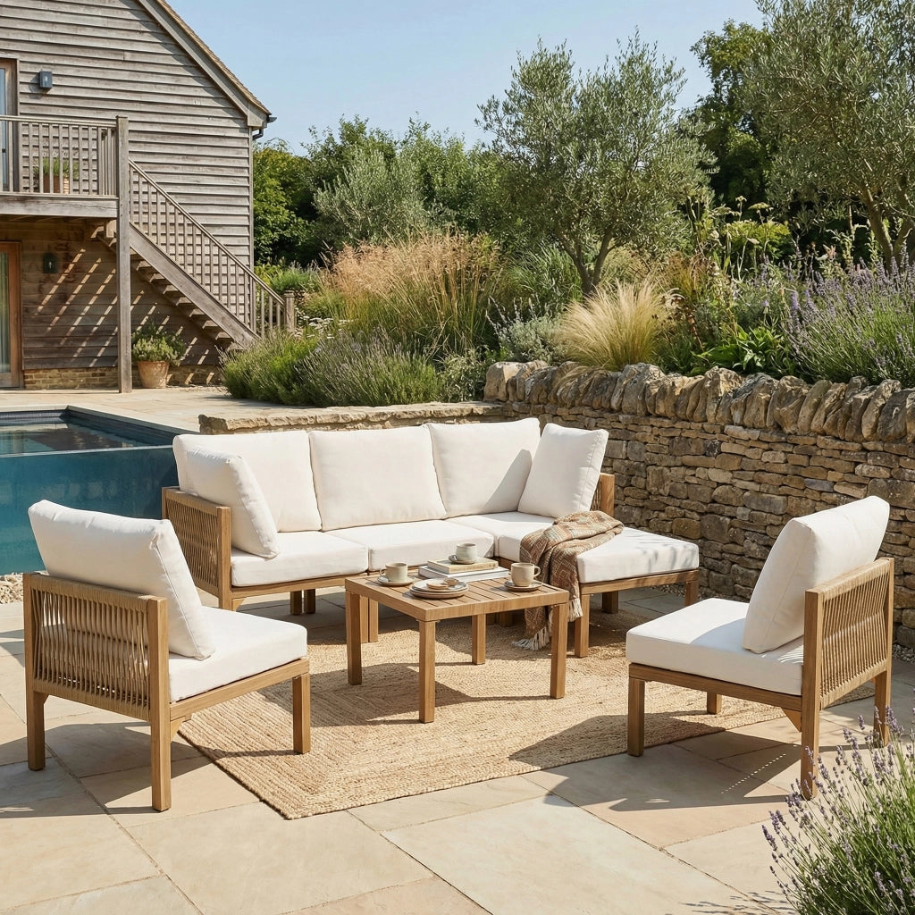 Divano angolare da giardino modulare convertibile ¨C Minimal ¨C beige legno