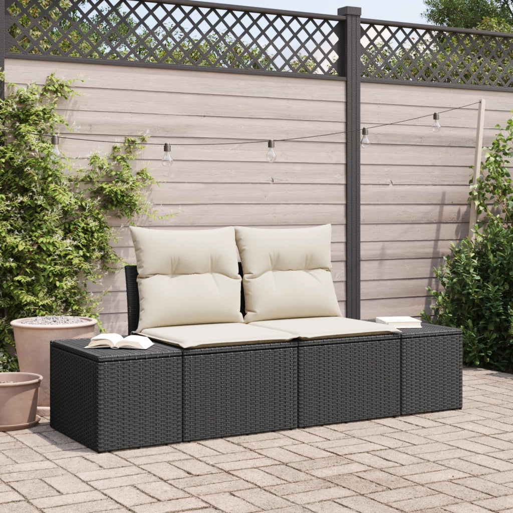 Divano da Giardino a 2 Posti con Storage e Cuscini Nero in Rattan Poliestere