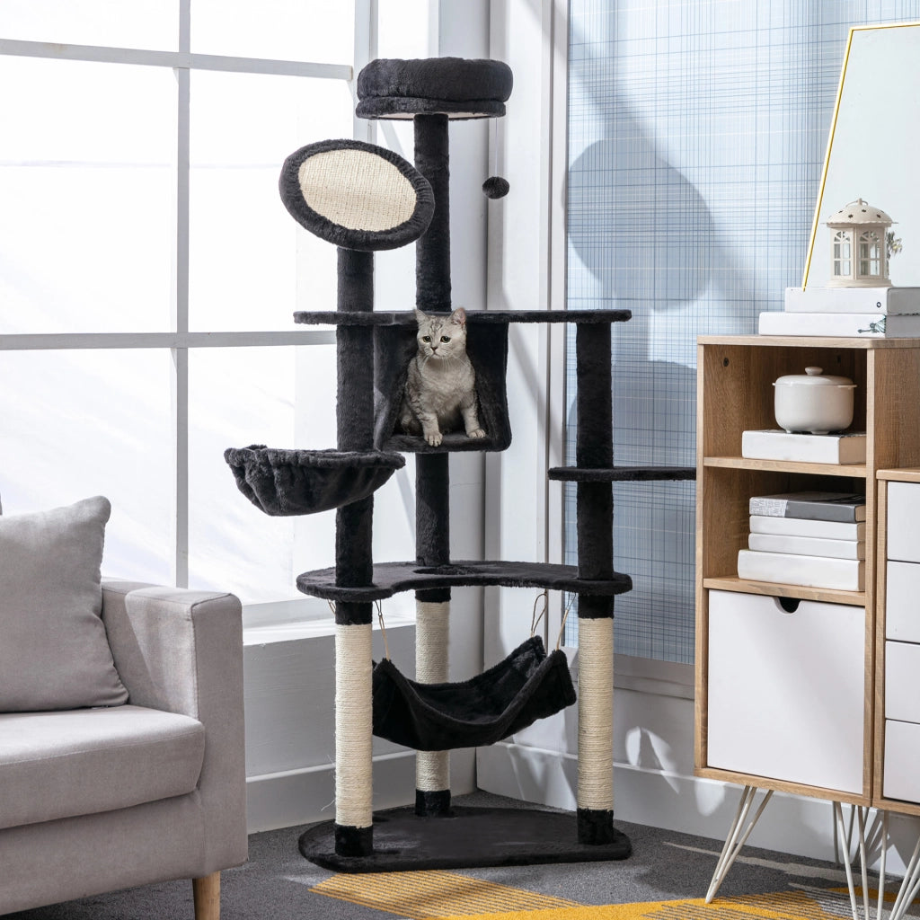 Albero tiragraffi per gatti con piattaforme, amaca e palla gioco ¨C zephmum ¨C Grigio scuro 65x50x153 cm