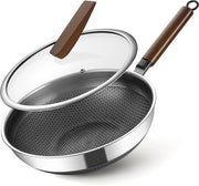 Wok 32 cm con coperchio in vetro, maniglia in legno rimovibile, wok antiaderente in acciaio inox, lavastoviglie, adatto per induzione, adatto a tutti i fornelli