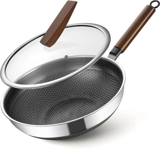 Wok 32 cm con coperchio in vetro, maniglia in legno rimovibile, wok antiaderente in acciaio inox, lavastoviglie, adatto per induzione, adatto a tutti i fornelli