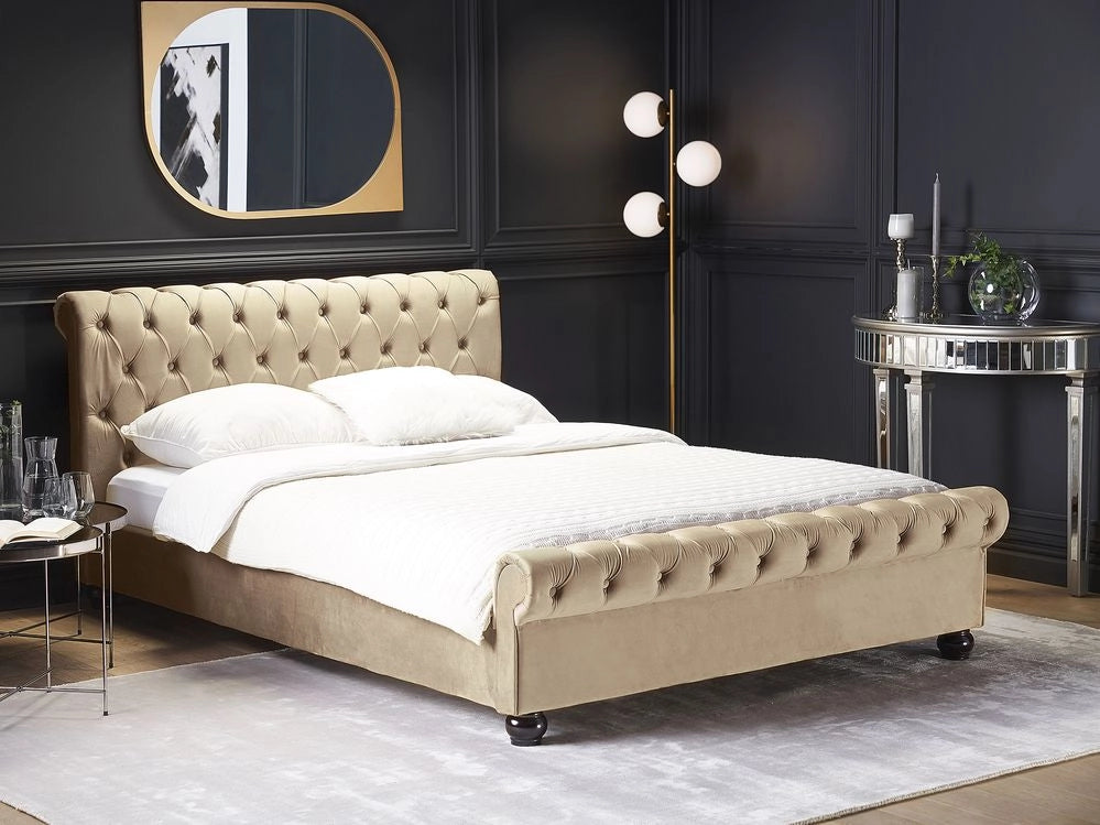 Letto ad acqua in velluto beige 160 x 200 cm con testiera trapuntata stile glamour