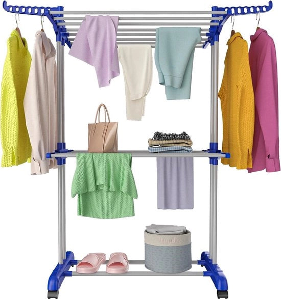 Droogrek multifunzionale con ruote, con 3 livelli, torre, pieghevole, piccolo asciugamani, spaziale con ali, torre per asciugare per dentro e fuori (blu e grigio)