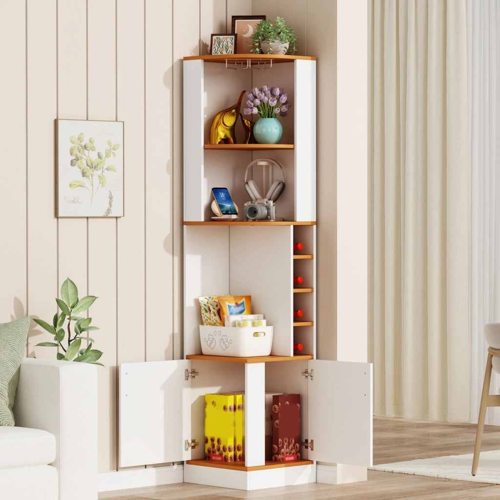 Credenza angolare salvaspazio 40x40x182 cm con portabicchieri, vani per vino e mobiletto chiuso, bianco