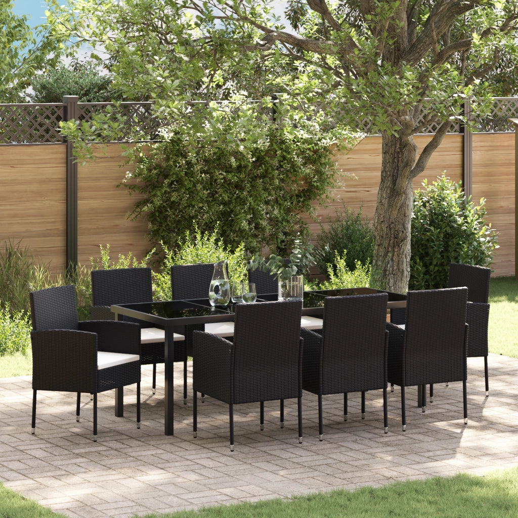 Set da pranzo da giardino 9 pezzi con cuscini in polyrattan nero