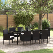 Set da pranzo da giardino 9 pezzi con cuscini in polyrattan nero