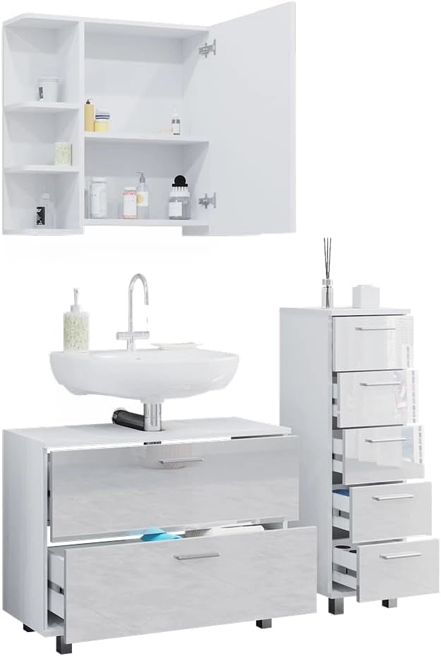 Set di mobili da bagno Ilias, Bianco lucido, 80 cm, composto da mobile sottolavabo, specchiera e mobile medio