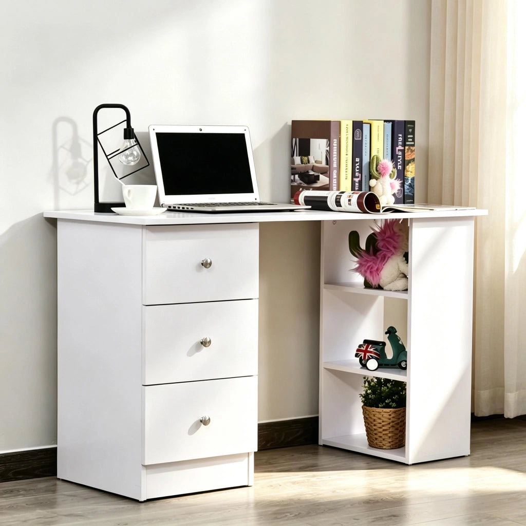 Scrivania lineare con 3 cassetti e 2 ripiani, piano ampio, per camera da letto e ufficio, bianco, 120 × 49 × 72 cm