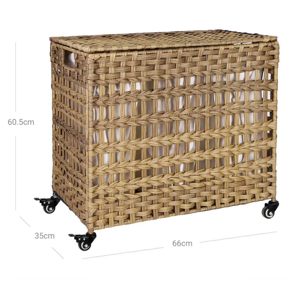 Cesto portabiancheria intrecciato a mano stile imitazione rattan mobile 3 scomparti di smistamento coperchio manici sacchetti rimovibili soggiorno bagno 66 cm lavanderia marrone 12_0003598