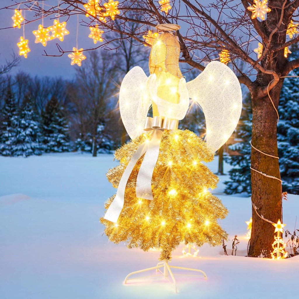 Angelo di Natale per esterni, 157 cm, decorazione natalizia illuminata, grande angelo con albero di Natale, stile abito, 150 luci LED, decorazione natalizia, statuetta di Natale XL