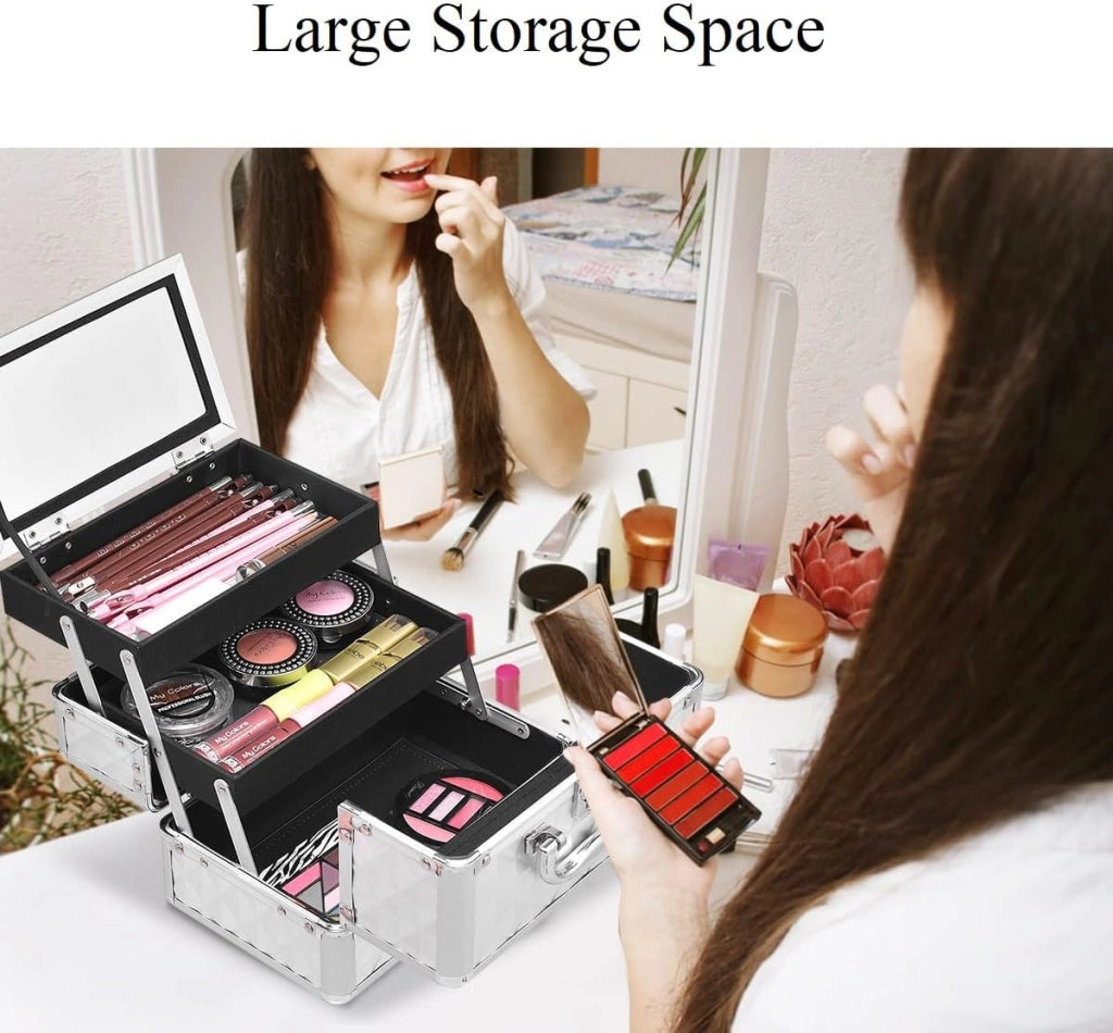 Valigetta per Cosmetici, Scatola Trucchi Professionale, Valigetta per Trucchi, con Specchio, Beauty Case, Pieghevole e Portatile, 23 x 15 x 18 cm