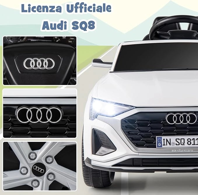 12V Audi Auto Elettrica per Bambini, Veicolo Elettrico con Telecomando Clacson Luci LED Musica, 3 Velocità 3-5 Km/h, Avvio Morbido, Auto per Bambini 3 Anni+ (Bianco)