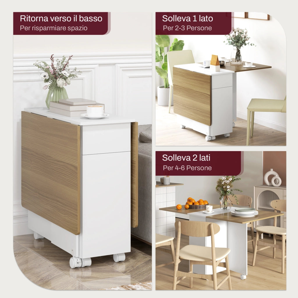 Tavolo da pranzo allungabile rettangolare con cassetti e armadietto ¨C zephmum ¨C Bianco e legno 140x76x74 cm