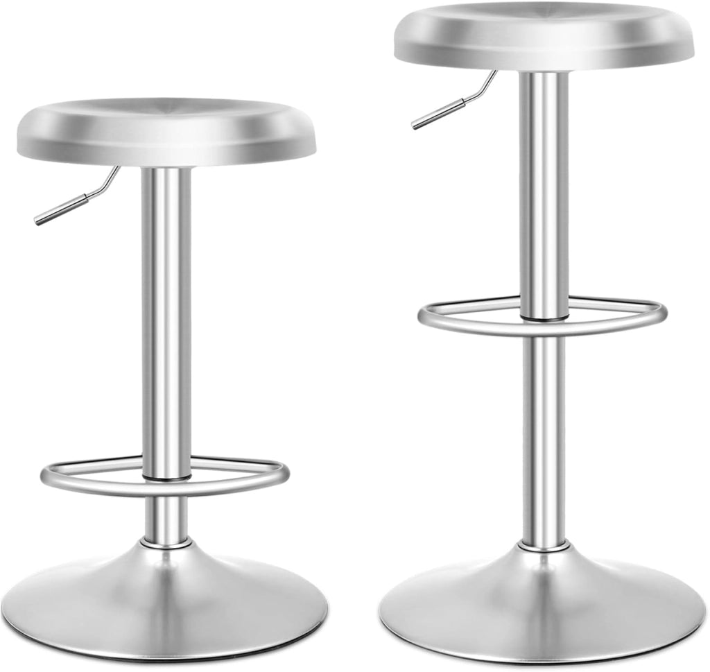 Sgabello da bar regolabile in altezza 61-82 cm, girevole a 360° con poggiapiedi, sgabello rotondo in acciaio inox, sgabello da cucina per bar, caffetteria, cucina, argento, 38,5 x 38,5 x 61-82