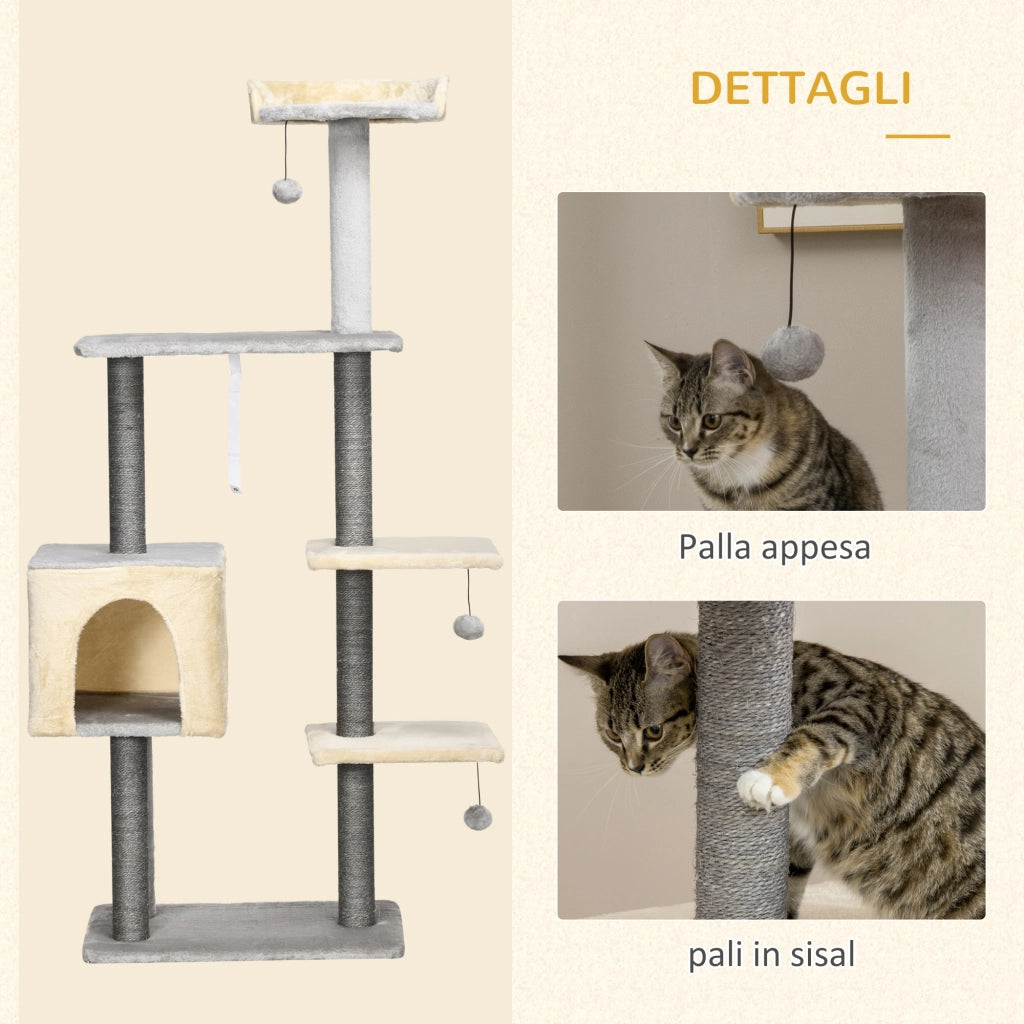 Tiragraffi per Gatti con Lettino, Casetta e Pali in Sisal ¨C Zephmum ¨C 156 cm Alto