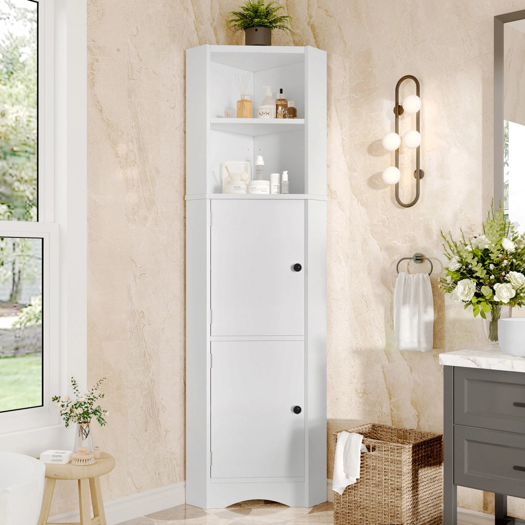 Mobile bagno angolare triangolare in MDF con finitura laccata, 2 ante, 2 ripiani aperti e divisori regolabili, bianco