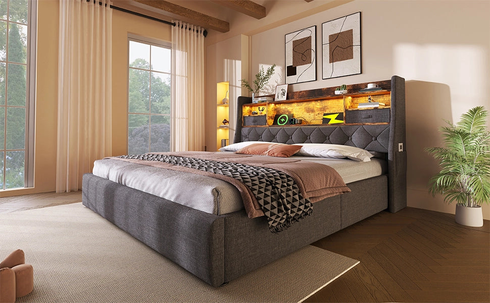 Letto imbottito 140x200 cm in lino grigio con contenitore idraulico, testiera LED e prese USB/Type-C, con materasso