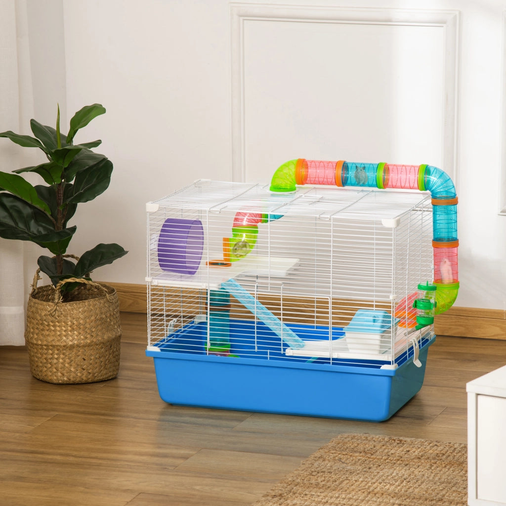 Gabbia per Criceti a 3 Livelli con Tunnel, Casetta e Ruota per Criceti, 59x36x47cm, Blu e Bianco