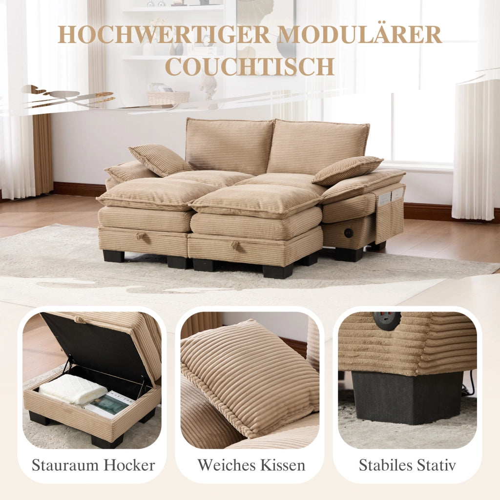 Divano modulare 2 posti con 2 pouf, seduta ergonomica, USB-C e tasche laterali in velluto a coste khaki