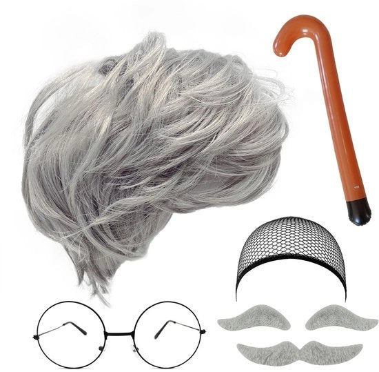 Set di costume per adulti - Faccia grigia - Barba in pelle - Ombreggiatura - Occhiali da sole - Staffe da passeggio gonfiabile - Completo di accessori