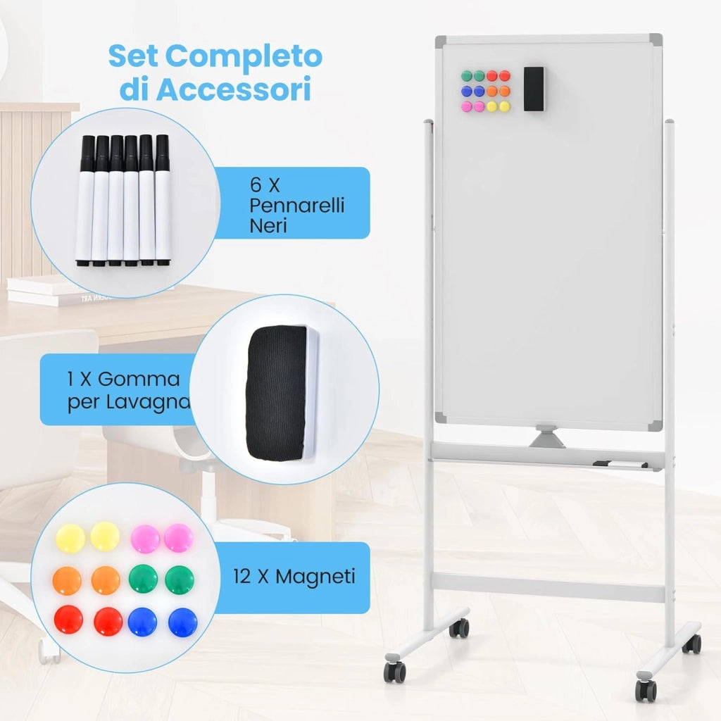 Lavagna Bianca Portatile con Ruote, Lavagna a Secco Reversibile con Pennarelli, Cancellino, Lavagna Bianca Regolabile in Altezza per Scuola, Ufficio, Casa, 68 x 56 x 155,5-183,5 cm (Bianco)