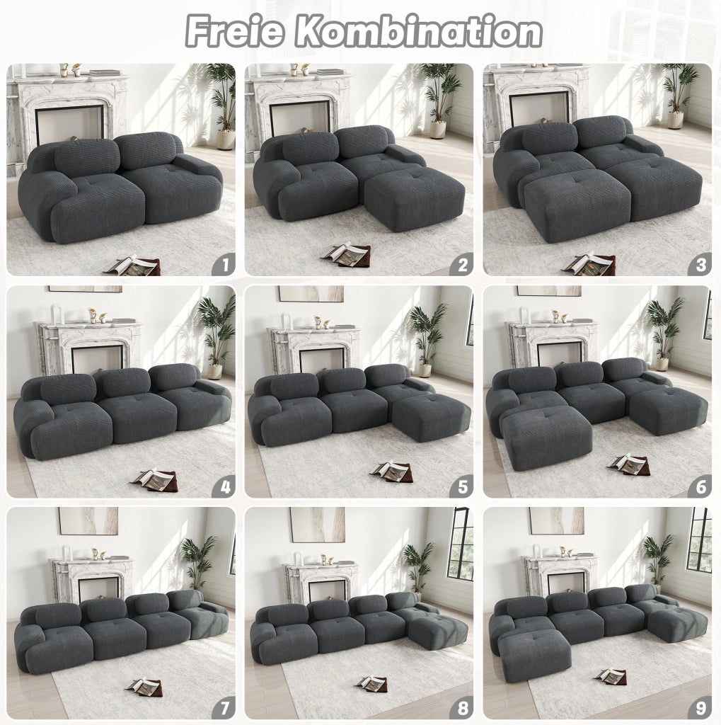 Divano angolare modulare in tessuto effetto velluto a coste grigio 208x178x70 cm