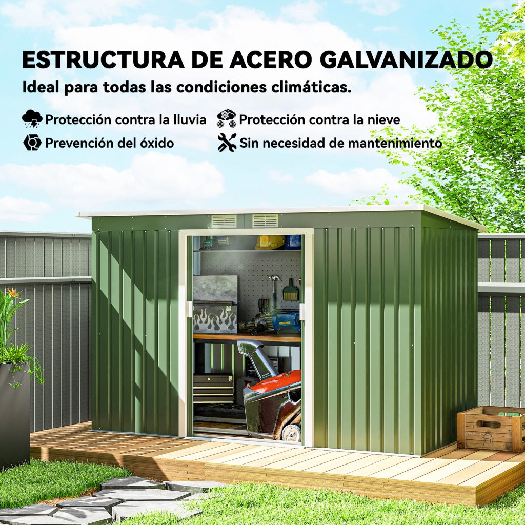 Casetta da Giardino 280x130x172 cm ¨C Xylo ¨C Verde Chiaro con Porte Scorrevoli Base Ventilazione Esterno