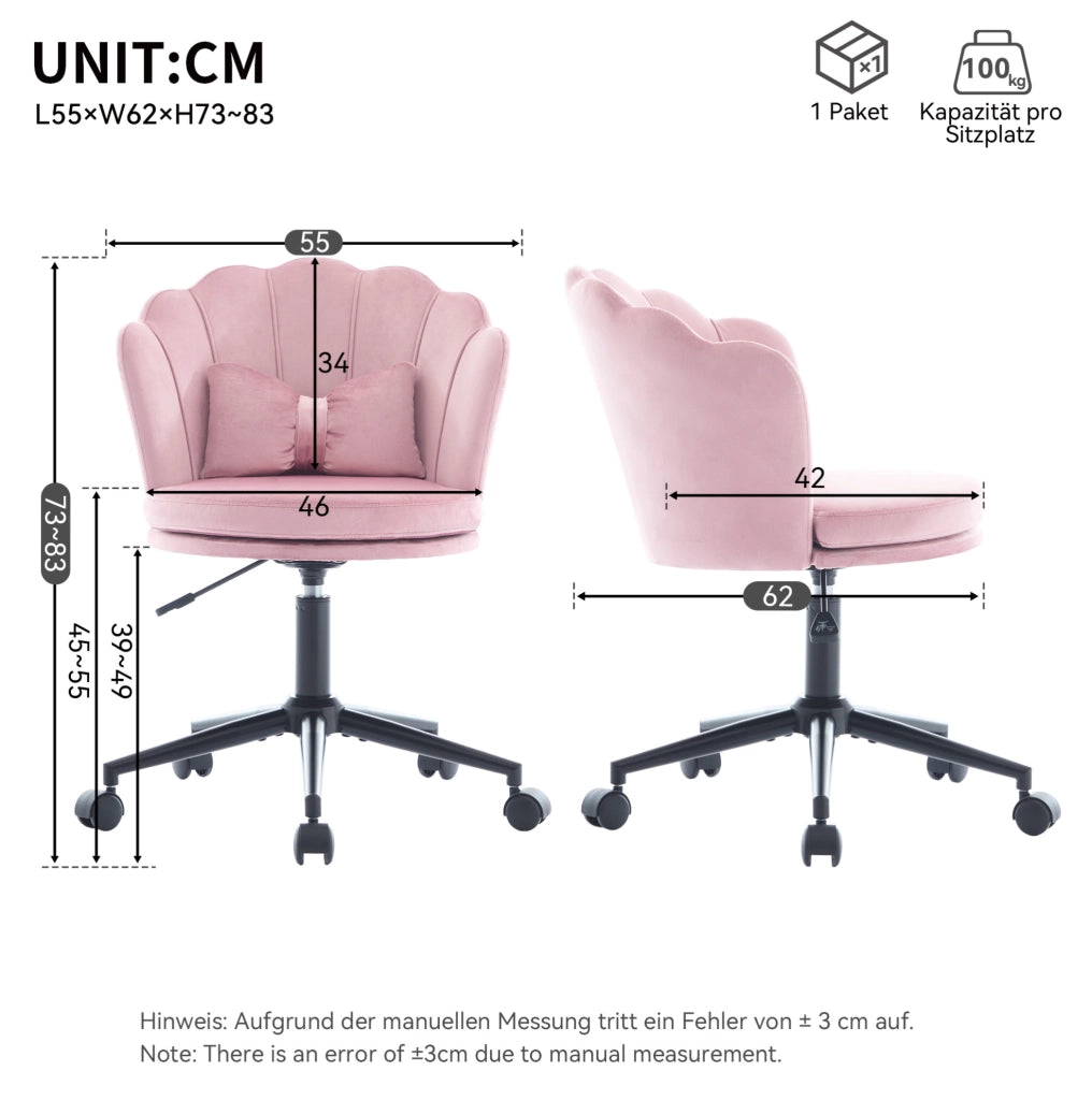 Sedia girevole regolabile in velluto rosa; altezza 45-55 cm; con cuscino lombare