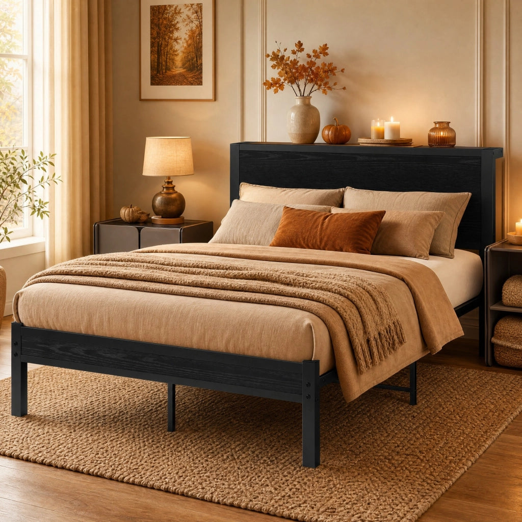 LETTO Singolo 120x200 cm con testiera, MDF e metallo, Nero
