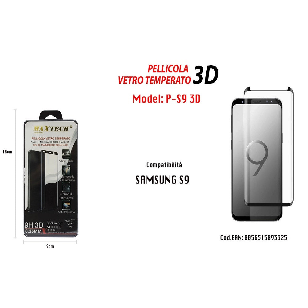 Trade Shop - Pellicola Vetro Temperato 3d Per Samsung Galaxy S9 Antigraffio Maxtech P-s9 3d -