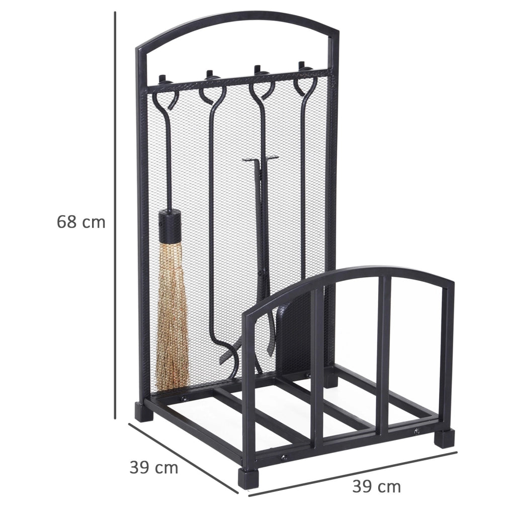 EasyComfort Portalegna da Interno ed Esterno in Metallo con Ganci e 4 Attrezzi Inclusi, 39x39x68cm, Nero