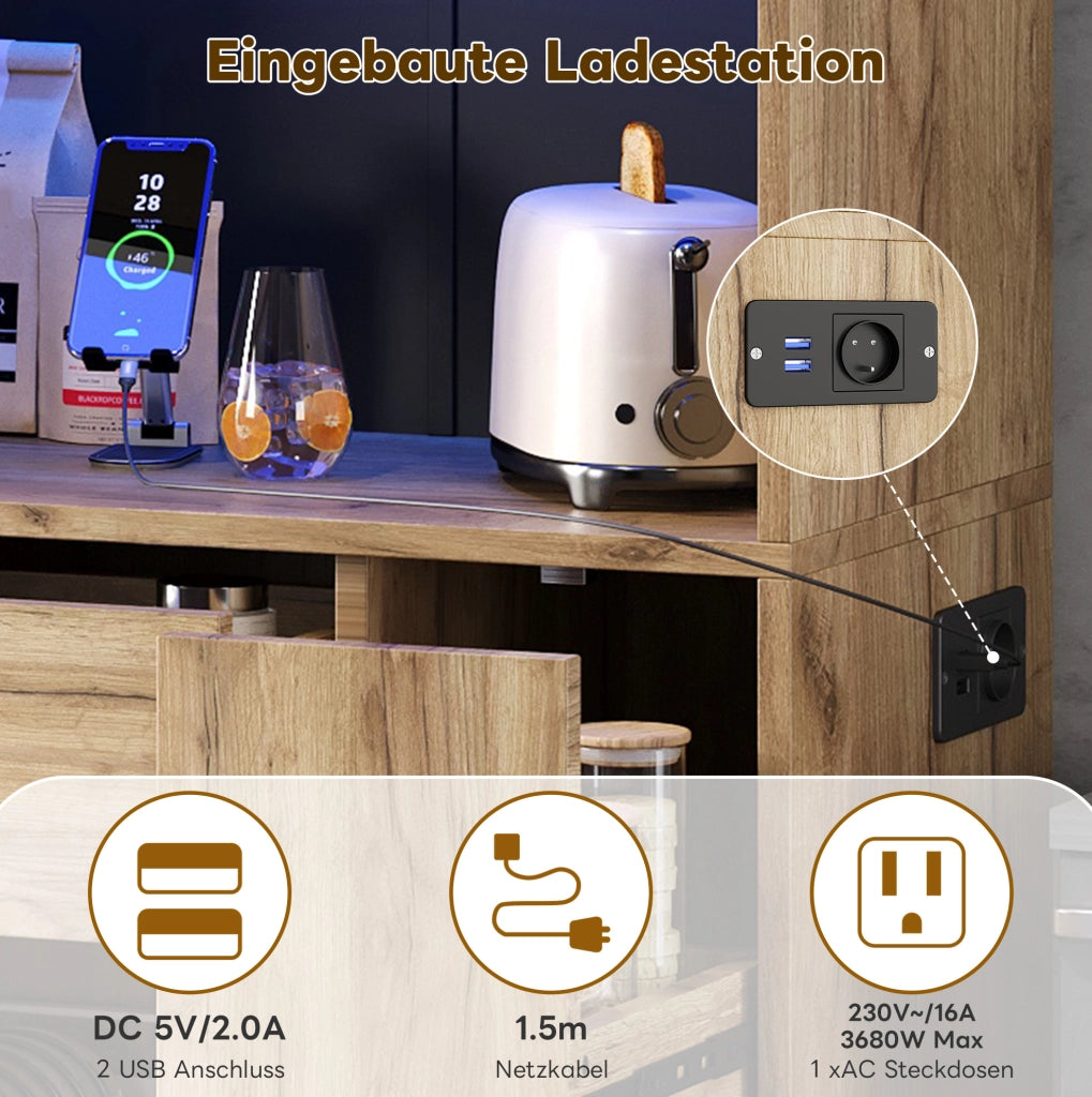 Credenza da cucina con LED e prese, 185 × 105 × 40 cm