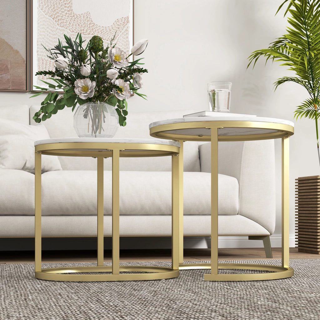 Set 2 tavolini da caffè impilabili in MDF bianco con struttura in acciaio