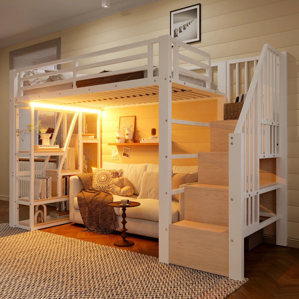 Letto a soppalco bianco 90x200 cm in acciaio e MDF con luci LED, ripiani, gradini contenitore e sponde