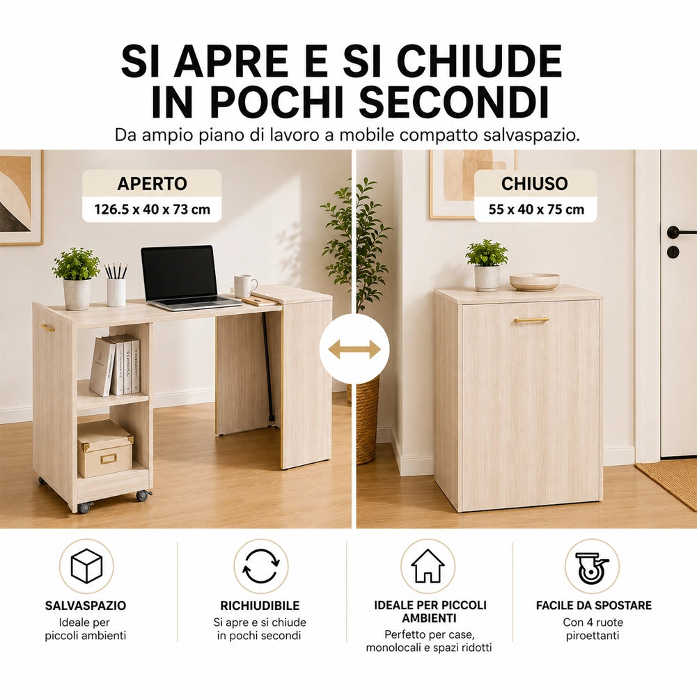 Mobile con Tavolo a Scomparsa Olmo Richiudibile Salvaspazio Scrivania Libreria