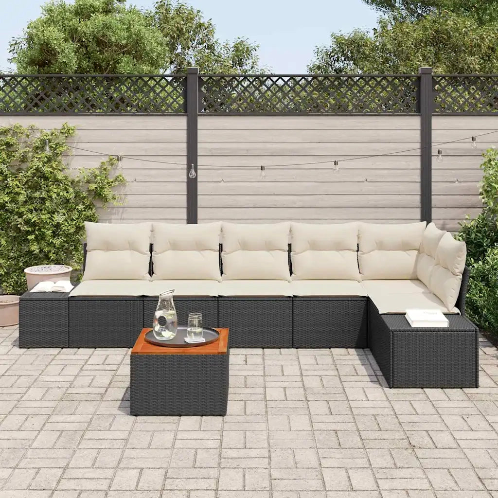Set Divano da Giardino 7 pcs Nero e Crema polyrattan