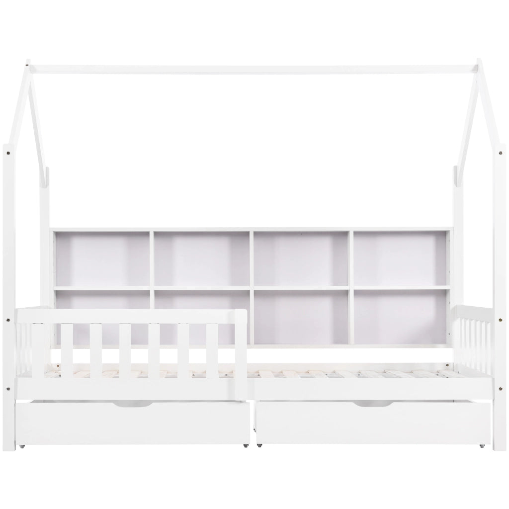 OKWISH Letto a Casetta 90×200 cm, Letto Singolo con Mensole e 2 Cassetti, Sponda, senza Materasso, in Legno Massello, Bianco