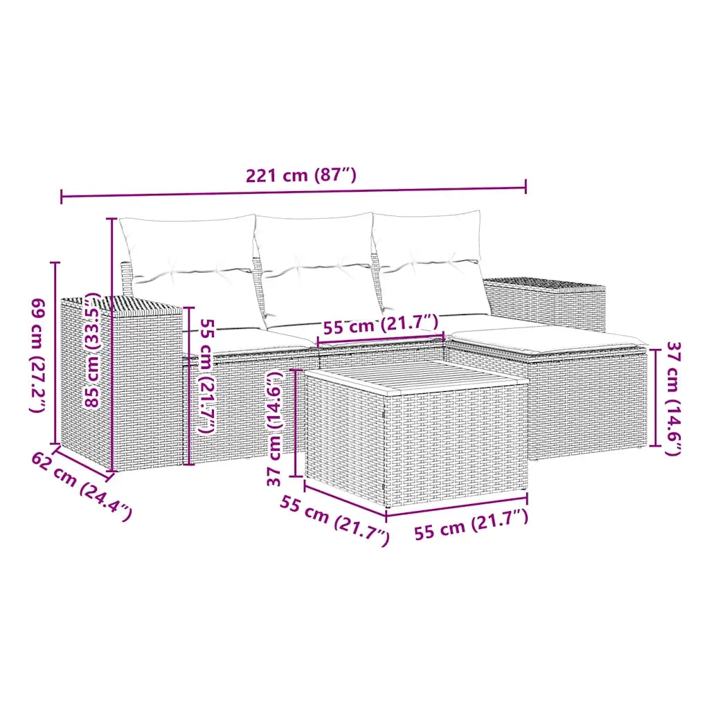 Set Divani da Giardino 5 pz | Set Salotto da Giardino con Cuscini in Polyrattan Nero