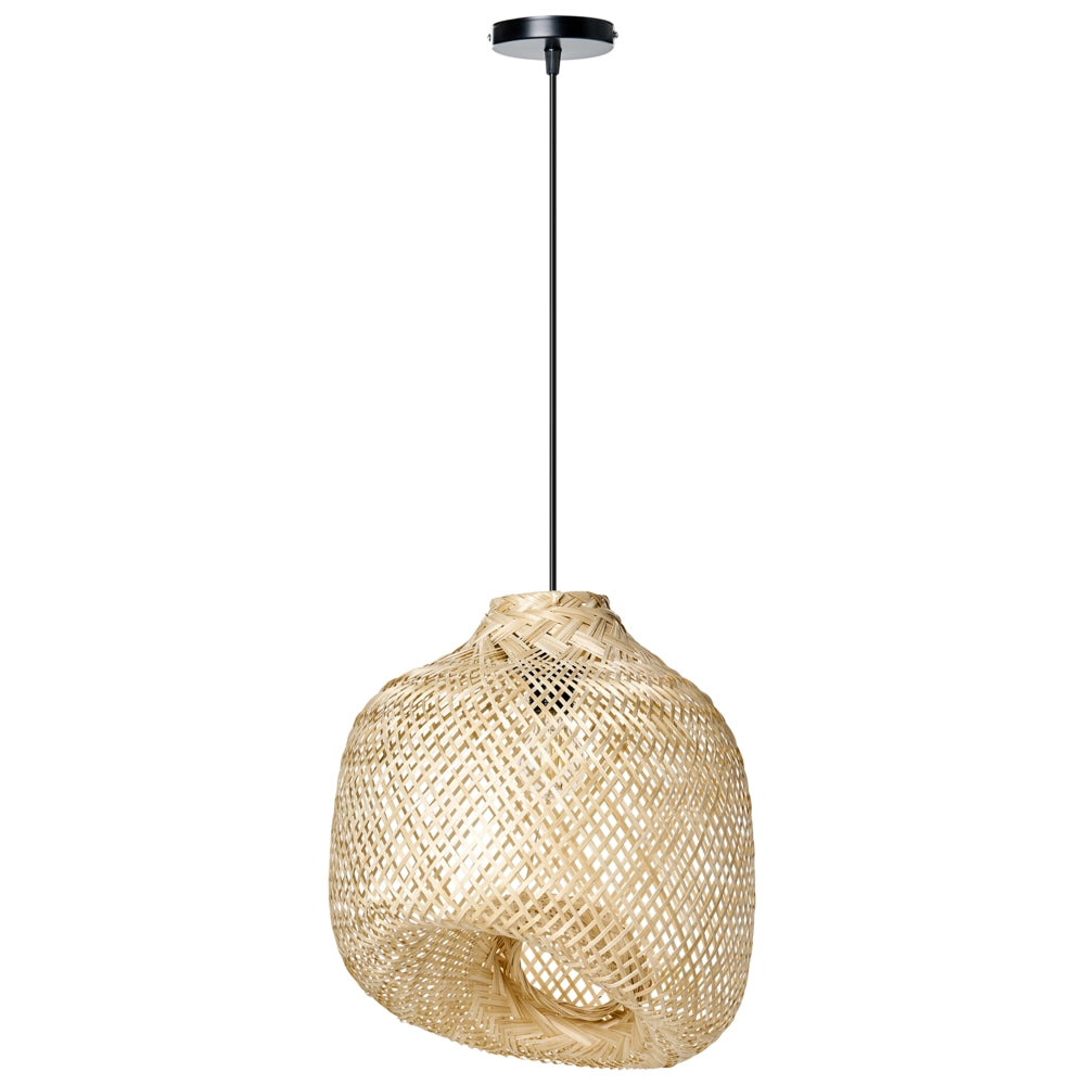 Lampada a sospensione con paralume in bambù naturale Forma irregolare moderna intrecciata Illuminazione del soggiorno e della sala da pranzo