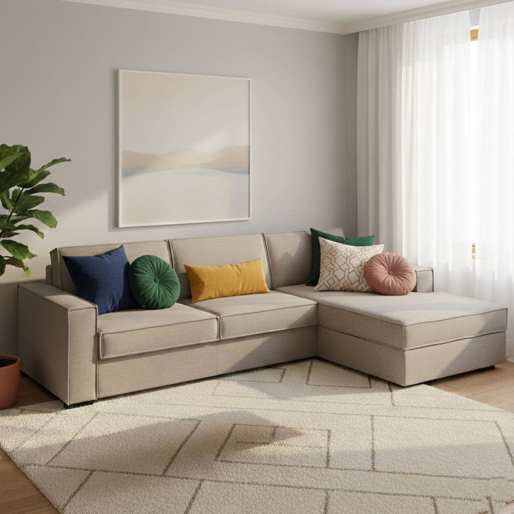 Divano Letto Achico, Divano ad angolo, Made in Italy, SofÒ  con apertura girevole, Penisola contenitore Destra, con Braccioli standard, cm 280x95h90, Tortora