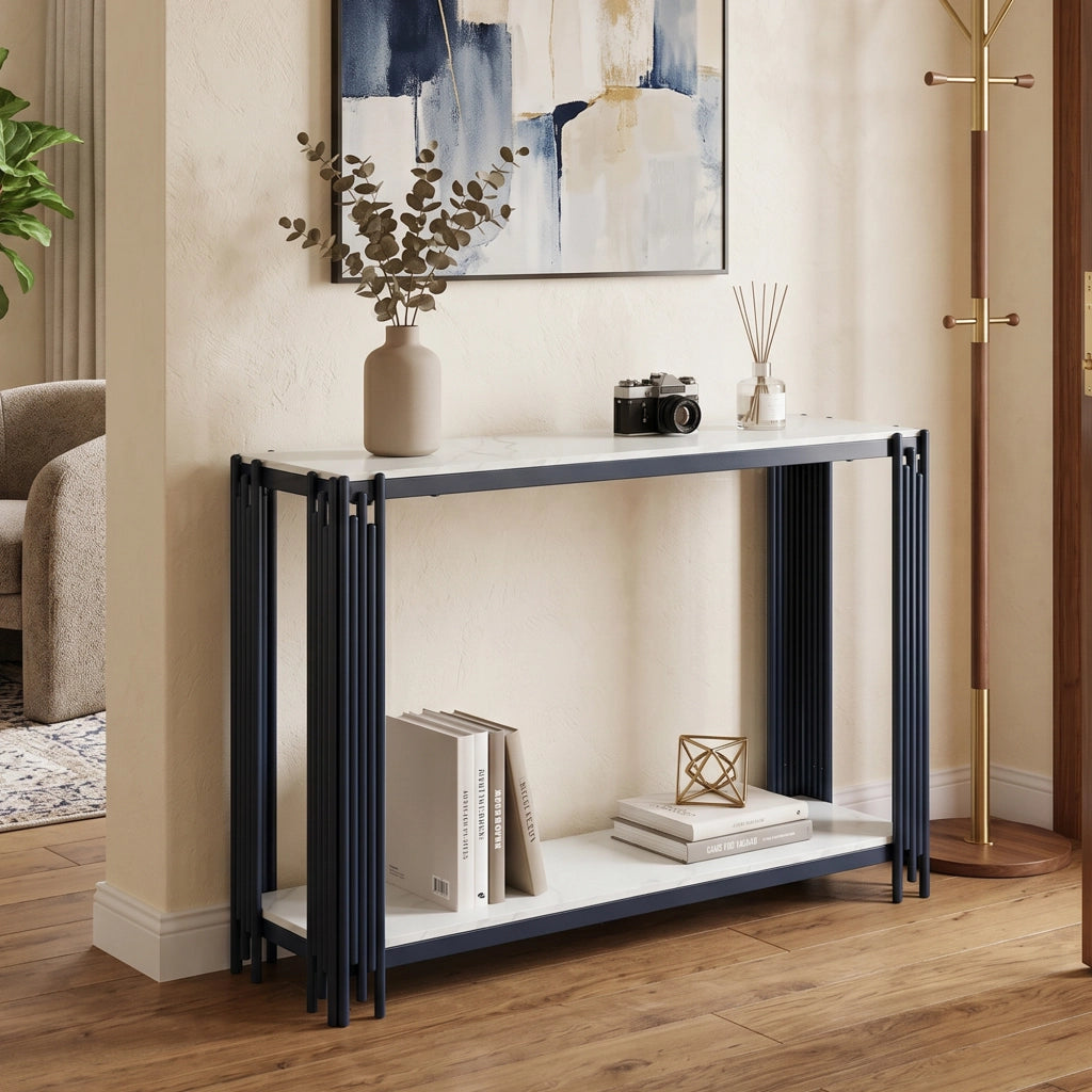 Consolle con 2 ripiani in effetto marmo bianco e metallo nero, per ingresso e soggiorno, 123.5 × 33.5 × 80 cm
