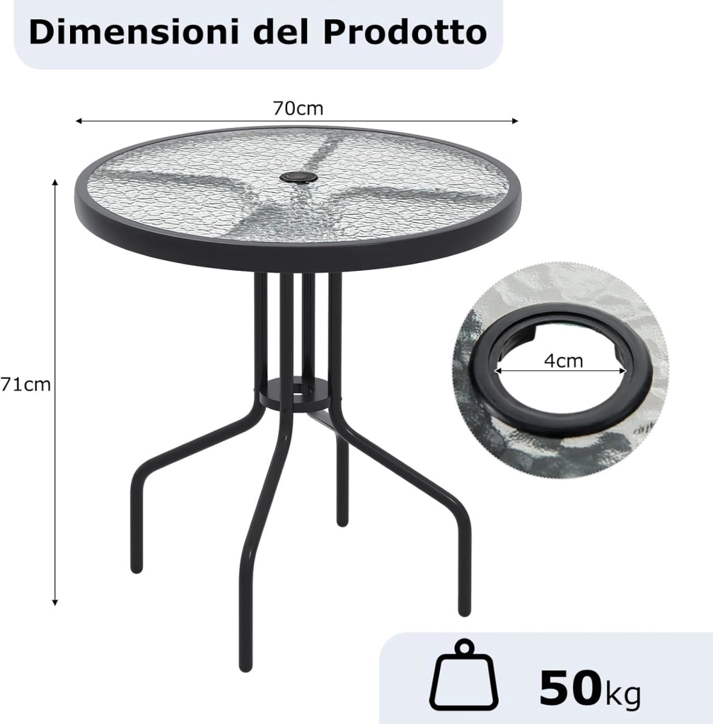 Tavolo da Pranzo da Giardino 70 cm, Tavolo da Bistro Rotondo con Struttura in Metallo,Tavolino Esterno con Foro 4 cm, per Giardino, Piscina, Veranda
