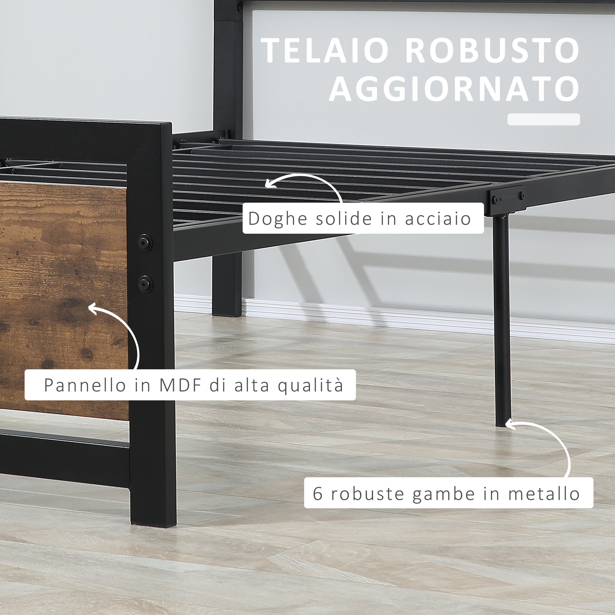 Struttura Letto Singolo 90x200 cm in Acciaio con Doghe Integrate Nero e Marrone Rustico