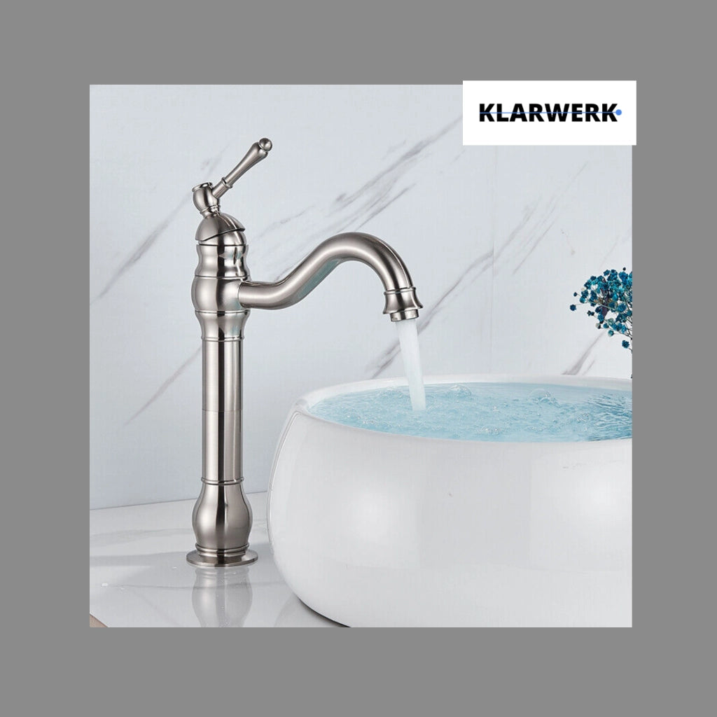 NALA | Rubinetto da bagno alto vintage Gastro in argento spazzolato |Retrò in acciaio inossidabile premium per lavabo alto | Miscelatore 2 connessioni